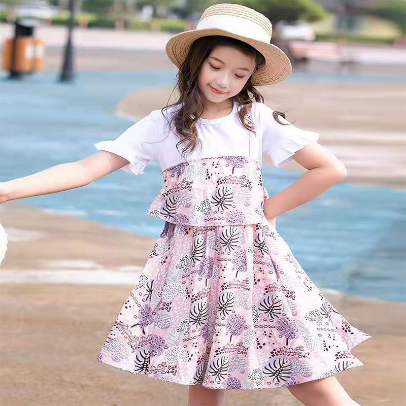 Girls' Dresses Summer Dresses Western Style Short-sleeved Stitching Floral Fake Two-piece Dresses
