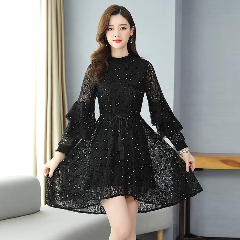 Stand-up Collar Black Tuxedo Dress Female Loose Was Thin Thin Long Skirt