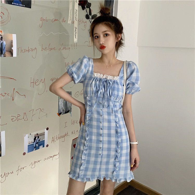 Female Spring and Summer Simple and Gentle Waist Close Show Thin Bubble Sleeve Lattice French Niche Dress