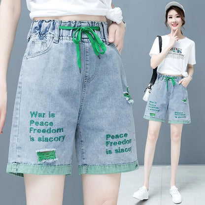 Ripped Denim Shorts Women Loose Wide Leg Pants High Waist Was Thin Elastic Waist Embroidered Five-point Pants