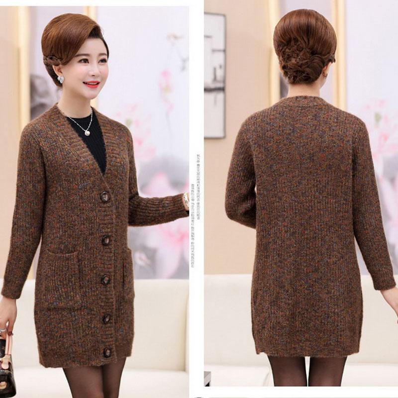 Autumn and Winter V-neck Cardigan Sweater Mid-length Casual Slim Jacket Simple Middle-aged and Elderly Ladies Jacket