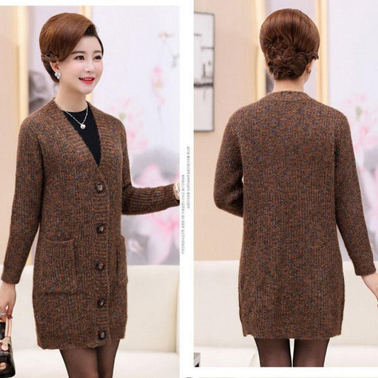 Autumn and Winter V-neck Cardigan Sweater Mid-length Casual Slim Jacket Simple Middle-aged and Elderly Ladies Jacket