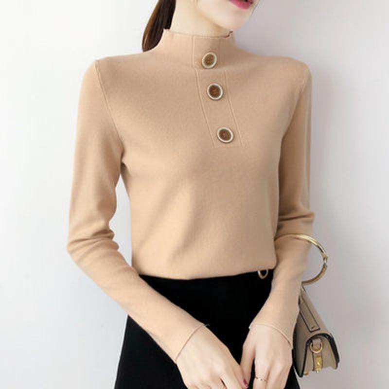 Women's  Button Turtleneck pullover  long sleeve slim bottoming Knit sweater jumpers top winter