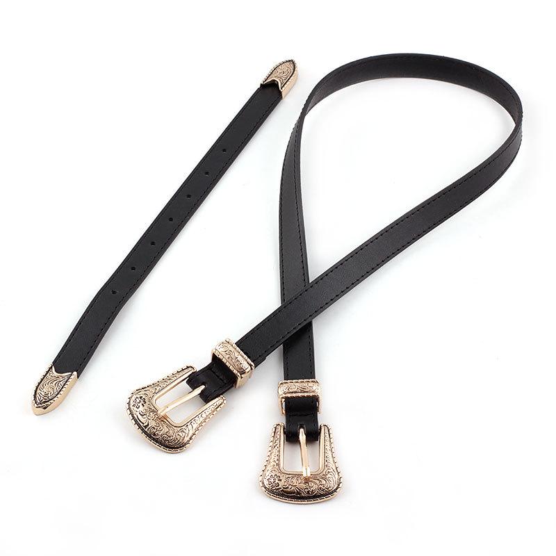 Vintage Carved Double-head Buckle Ladies Pin Buckle Belt Black Pants Belt