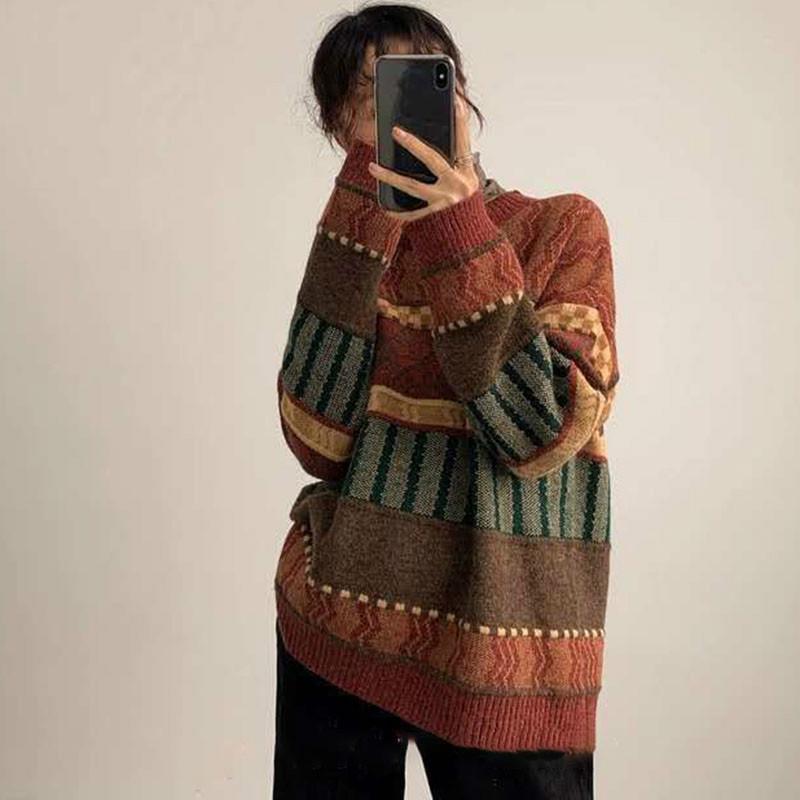 Women vintage Jacquard Knitted Sweater Ethnic Style Thick Warm Pullover Sweater coat Outer Wear Autumn Winter