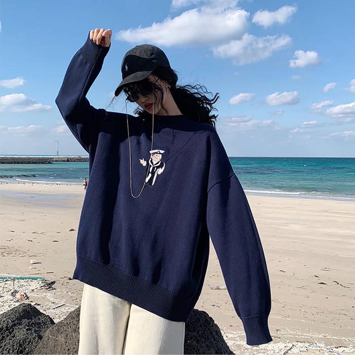 Pofulove Autumn Winter Round Neck Hedging Cartoon Embroidery Sweater Female Loose Knitted Jacket