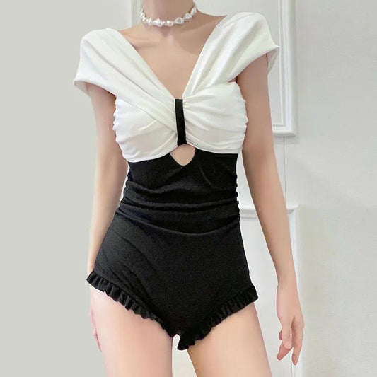 Exquisite Bow Pure Desire Swimsuit Women's Sexy Cover Belly Thin One-piece Student Swimsuit Pleated Ruffled Sleeveless Beachwear