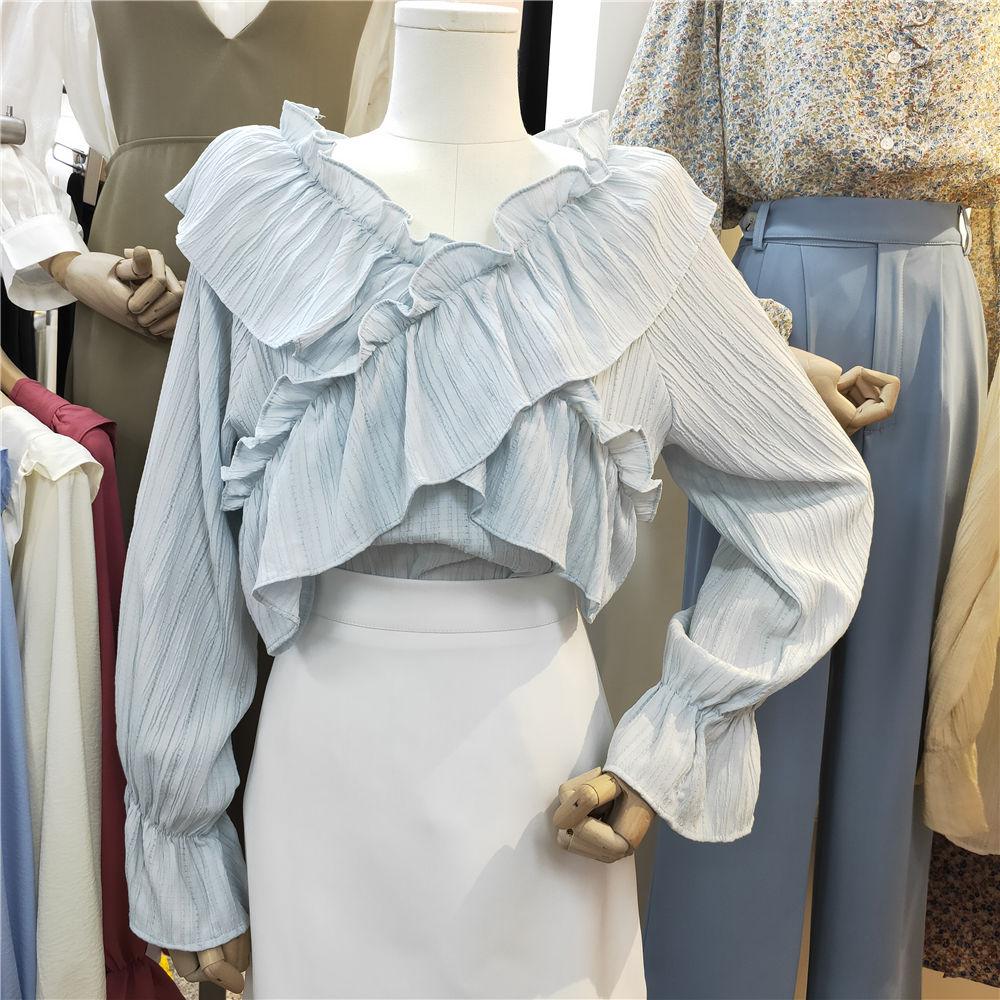 Spring and Summer Palace Style Trumpet Sleeve Shirt Women  Lotus Sleeve