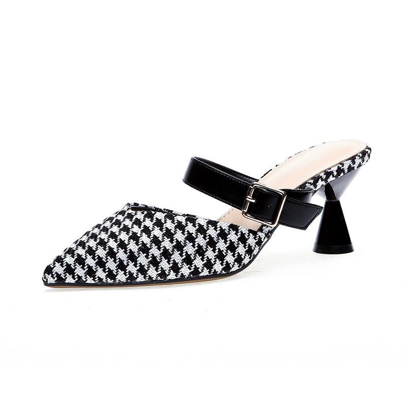 Spring/Summer Houndstooth Pointed Toe Shoes Wine Glass Heel Belt Buckle Slippers Female Korean Mid-heel Single Shoes