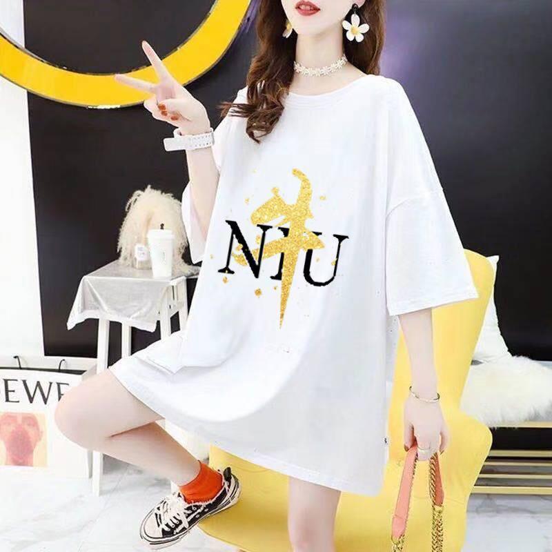 Women's Mid-length T-shirts Women's Round Neck Short-sleeved Loose and Thin Women's Casual Loose T-shirts with Open Back Print Design