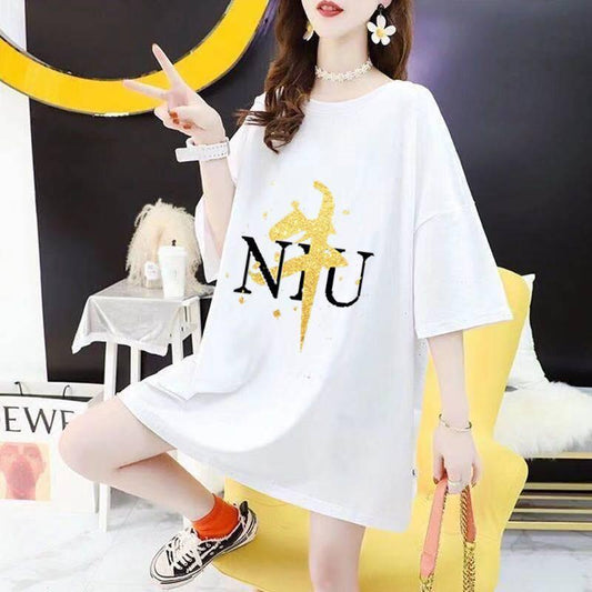 Women's Mid-length T-shirts Women's Round Neck Short-sleeved Loose and Thin Women's Casual Loose T-shirts with Open Back Print Design