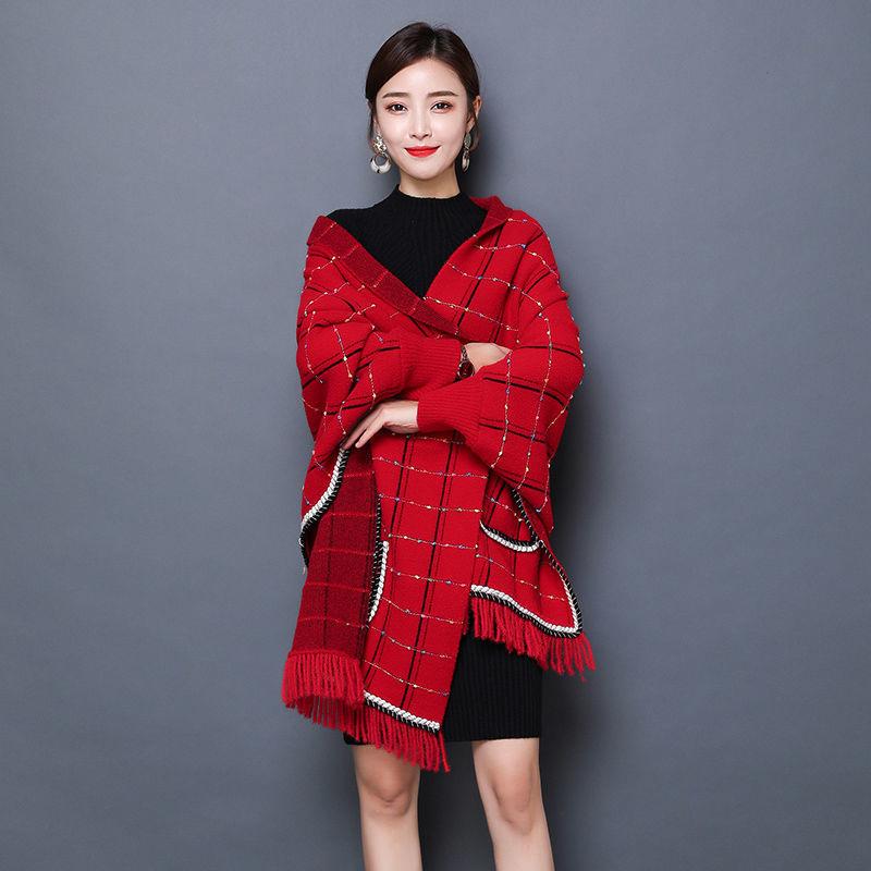 Women's Shawl with Sleeves Autumn and Winter Knitting Waterproof Mink Fleece Slim Slimming Outer Thick Plaid High-end Cloak Temperament Wrap