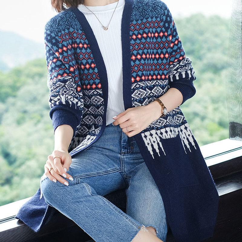 Spring and Autumn Knitted Cardigan Sweater Mid-length Loose Casual Sweater Fashion Jacquard Female Jacket