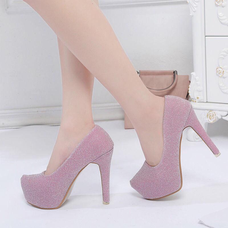 Women's Shoes Spring  Summer Korean Style Super High Heel Stiletto Round Toe Silver High Heels Sexy Female Waterproof Platform Single Shoes 12cm