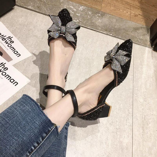 Gentle Style Rhinestone Bow Sequin Pointed Sandals Versatile Lace-up Thick Heel High Heels