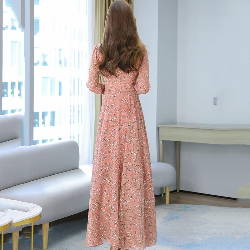 Chiffon Long Sleeve Dress Spring and Autumn Floral Chiffon Super Fairy Waist Beach Dress Long Skirt Fabric Lightweight Breathable