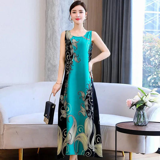 Sleeveless Cotton and Linen Dress Summer Vest Long Loose Large Size Thin Floral A-line Version Long Skirt Round Neck Sleeveless Ladies Dress