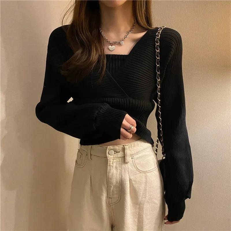 Sweater Women's Puff Sleeve Knitwear Fake Two Piece Square Neck Pullover Top Korean Loose Jumper Trendy Sweater Sexy
