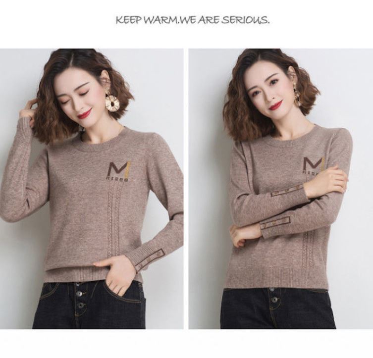 Women's Basic Solid Color Crewneck Sweater Fashion Button Cuff Loose Plus Size Sweater
