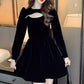 Black Velvet Short Skirt with Puff Sleeves High-end Autumn and Winter Long-sleeved Retro Round Neck Hollow Inner Dress