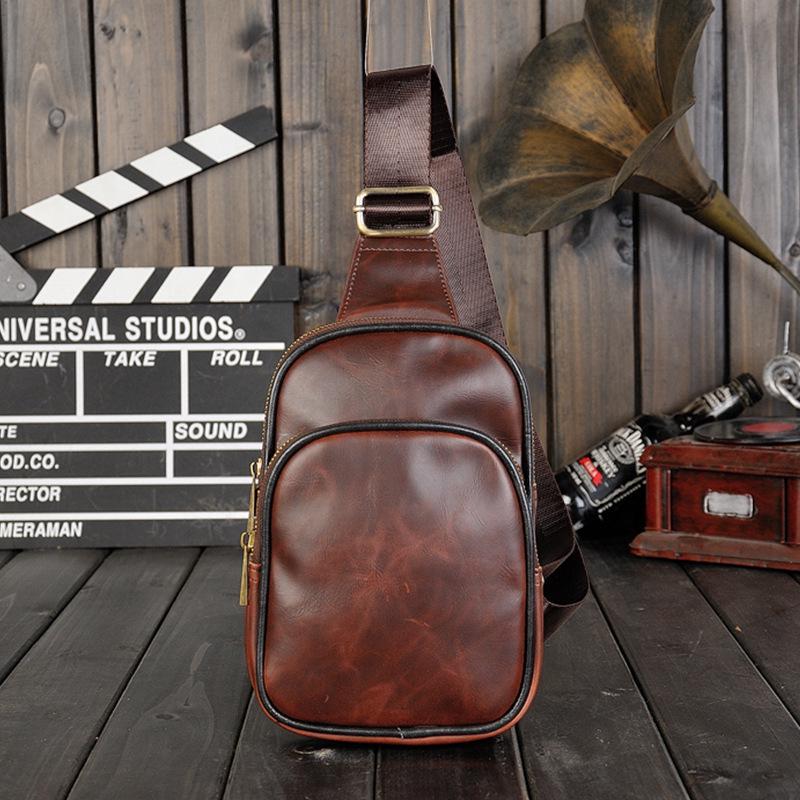 Retro Chest Bag Men Coffee Soft Leather Large-capacity Pockets Outdoor Sports Fitness Shoulder Bag