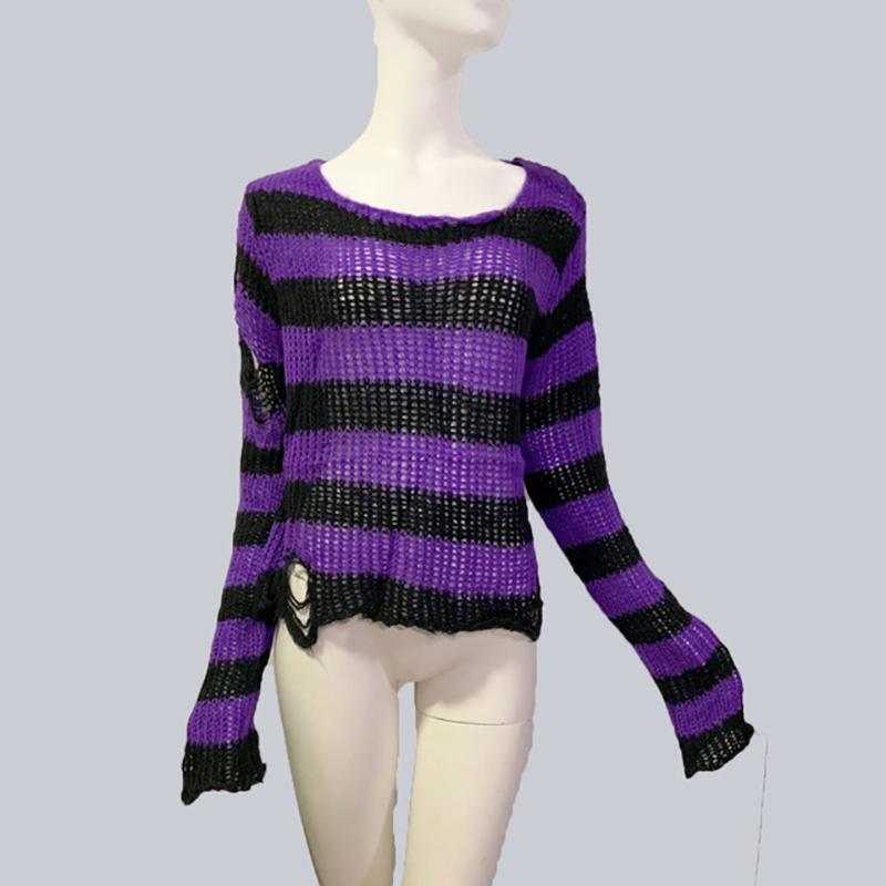 Goth Punk Sweater Fashion Hole Pullover Knitted Striped Sweaters Plus Size Loose Long Sweater Broken Hollow Out Streetwear Hip Hop Harajuku Sweaters