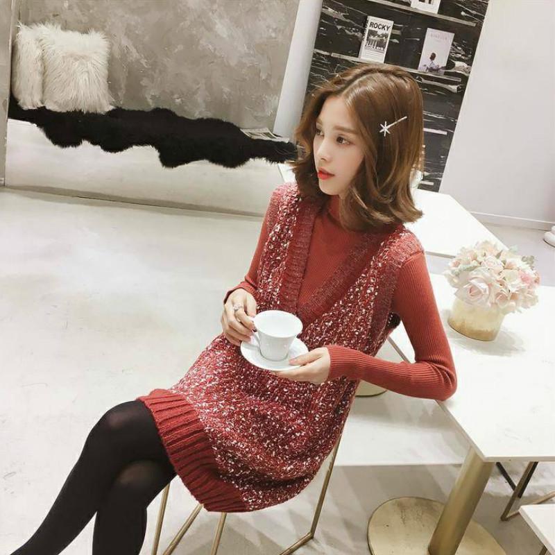 Women Chic Mid-length Loose V-neck Tank Top Sweater Knitted Bright Silk Vest Skirt Dress