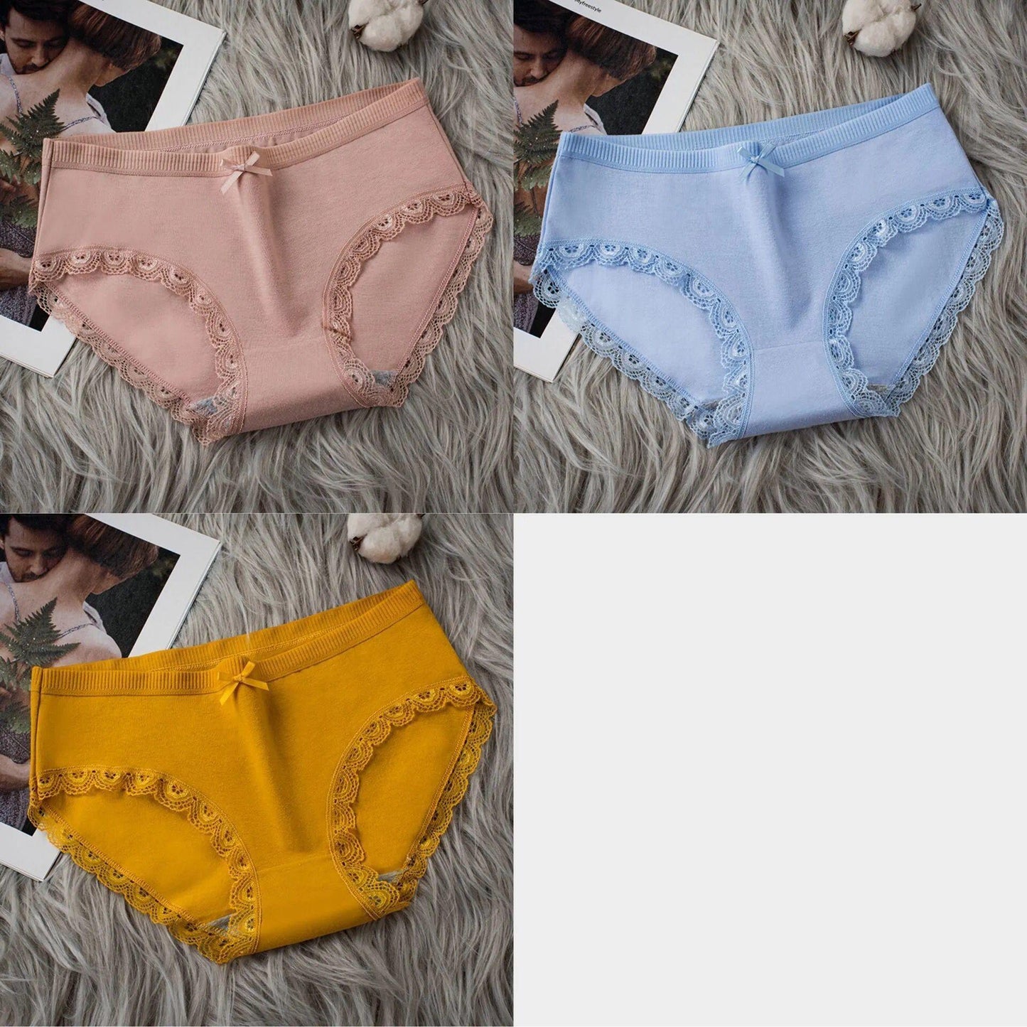 3-pack of Graphene Cotton Women's Panties Antibacterial Seamless Lace Trim Briefs