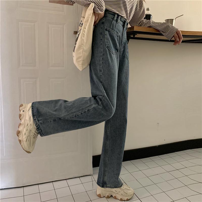 Wide Leg High Waist Hong Kong Flavor Jeans Female Korean Version Loose Spring and Autumn Retro Straight-leg Pants Trendy Thin and Wild High Trousers