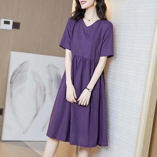Women Summer Large Size Dress Vintage Loose V-neck Short Sleeve Solid Color Casual A-line Long Dress