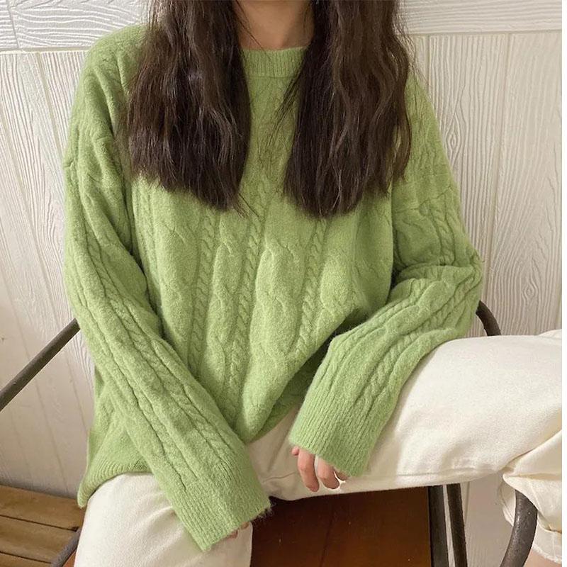 Ladies Knitted Sweater Twist Striped Pullover Women's Top Formal Wear Casual Autumn And Winter Loose Lazy Korean Student Sweatshirt