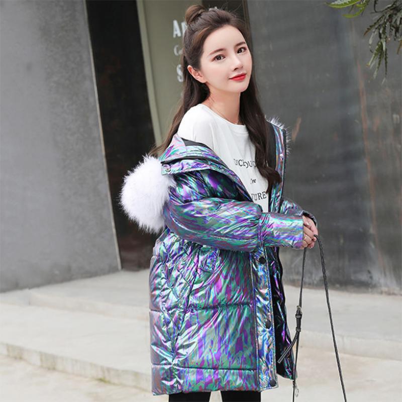 Women's Bright Face Hooded Down Jacket Mid-length Korean Loose Thick Coat Warm Cotton Coat Large Wool Collar Winter Quilted Coat