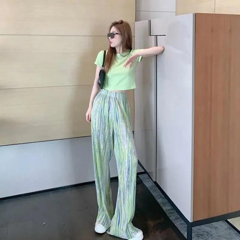 Tie-dye Print Wide-leg Pants Women's Summer Loose Straight Thin Casual Trousers High Waist Slim Drape Pants