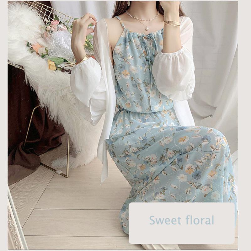 Women Sweet Floral Skirt Sling Dress Chiffon Beach Vacation Sleeveless Elastic Waist Long Skirt