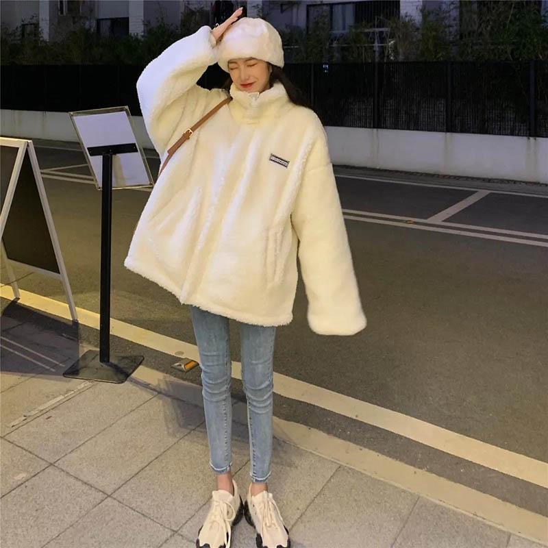 Stand-up Collar Lamb Hair Thickened Single-sided Cotton-padded Jacket Women's Spring and Autumn Loose All-match