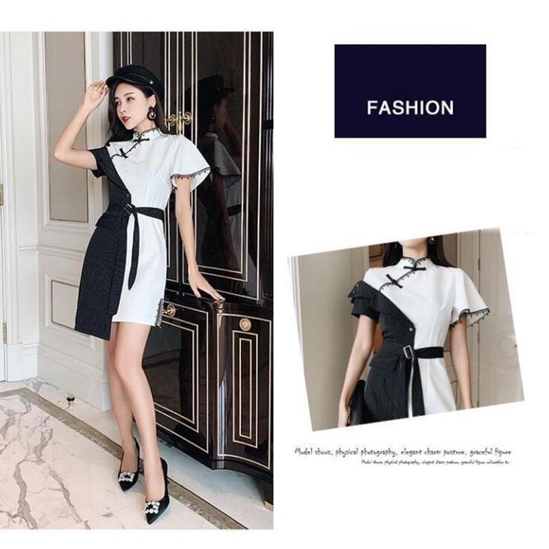Pofulove Improved Cheongsam Dress Summer Women's Plus Size Dress Striped Irregular Dress Elegant