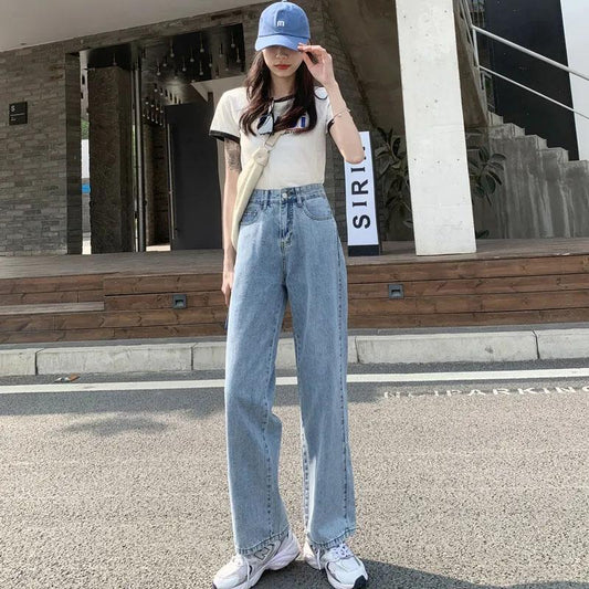 Women's High Waist Wide Leg Jeans Spring Loose and Thin Straight Mop Pants Ladies Denim Trousers