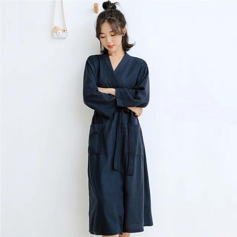 Women's Yukata Pajamas Robe Spring Autumn Loose Waffle Solid Color Bathrobe Long Sleeves Robe Sleeping Robes with Belt