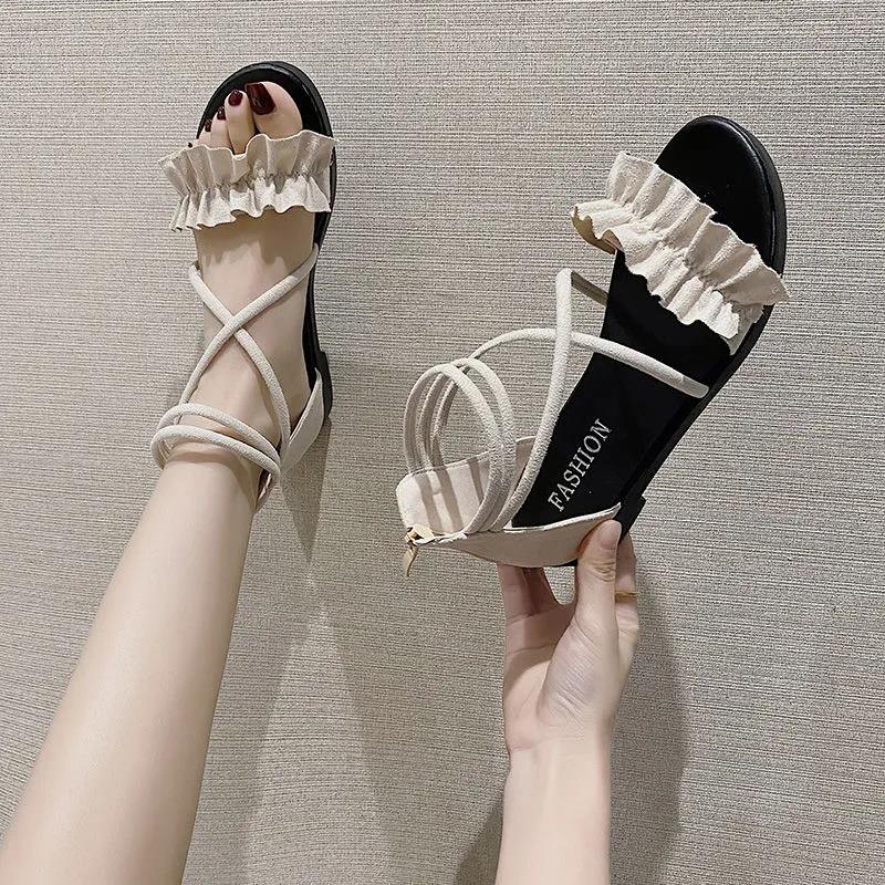 Roman Sandals Women's Summer Flat-bottom Straps All-match Casual Beach Shoes Women's One-word Buckle Flat Sandals Sweet and Light