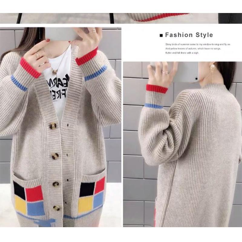 Knit Cardigan Women's Contrasting Color Jacket Loose Top V-neck Long Sleeve Warm Sweater Jacket Autumn Loose Mid-length