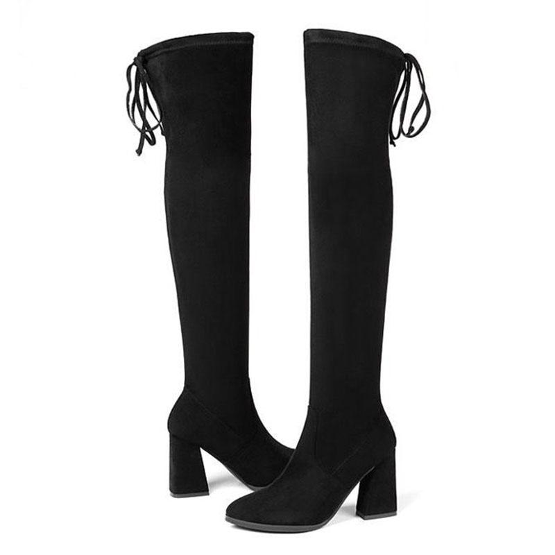 Black Elastic Flock Slim Fit Over The Knee Boots Women Autumn Winter Ladies High Heel Plus Velvet Thigh High Boots Chunky Heel Suede Boots