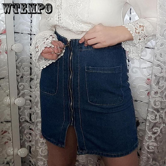Denim Skirt Solid Color Zipper High Waist Pocket Student Short Cowboy Skirt Package Hip Knee Length A-line Slim Skirts