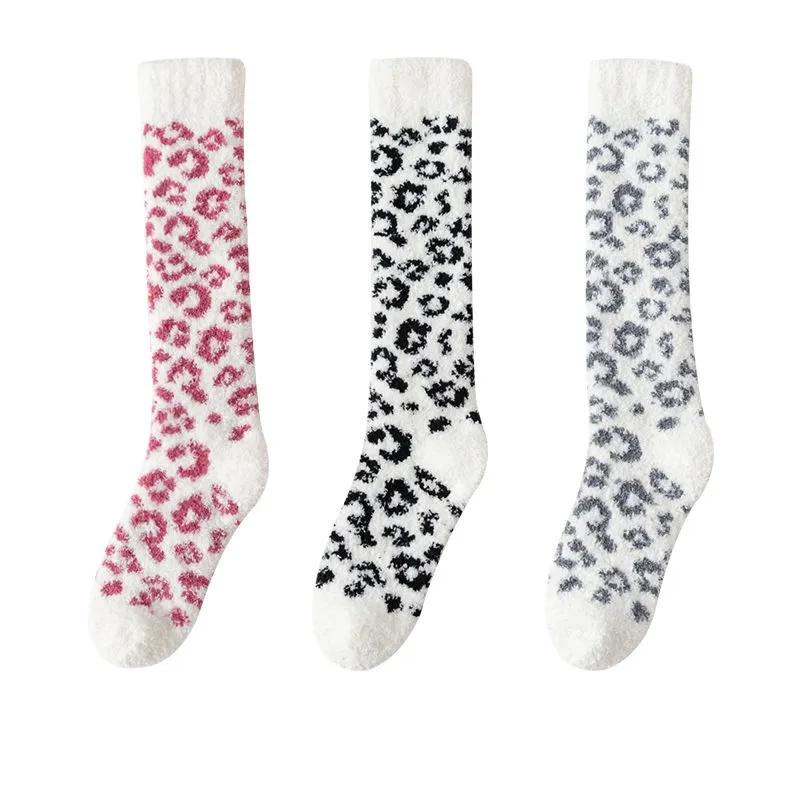 3 Pairs of Leopard-print Coral Fleece Socks Women's Calf Socks Furry Winter Sleep Socks Plus Velvet Thick Warm Stockings
