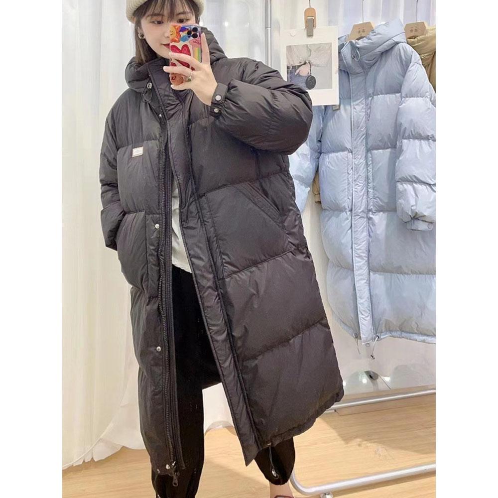 Korean Version of Simple and Versatile Small Hooded Down Jacket Women's Long Over-the-knee White Duck Down Warm and Thin Coat In Winter