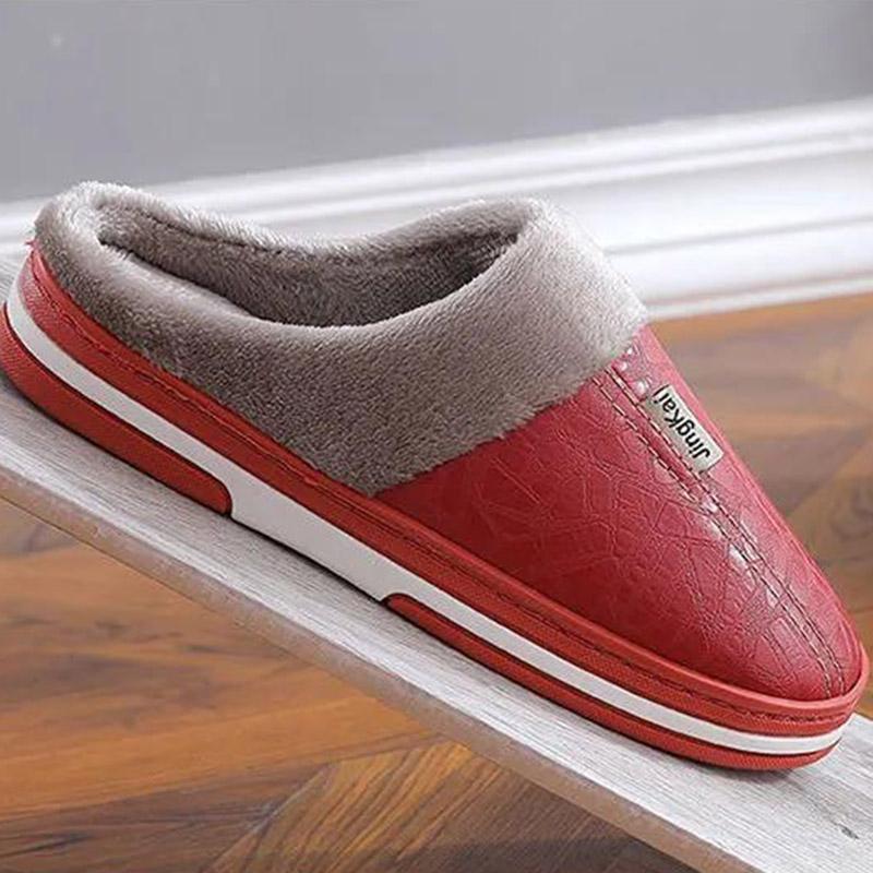 Women Unisex Winter Home Slippers Leather Waterproof Non Slip Slippers Plush Warm Indoor Flat Non-slip Slippers