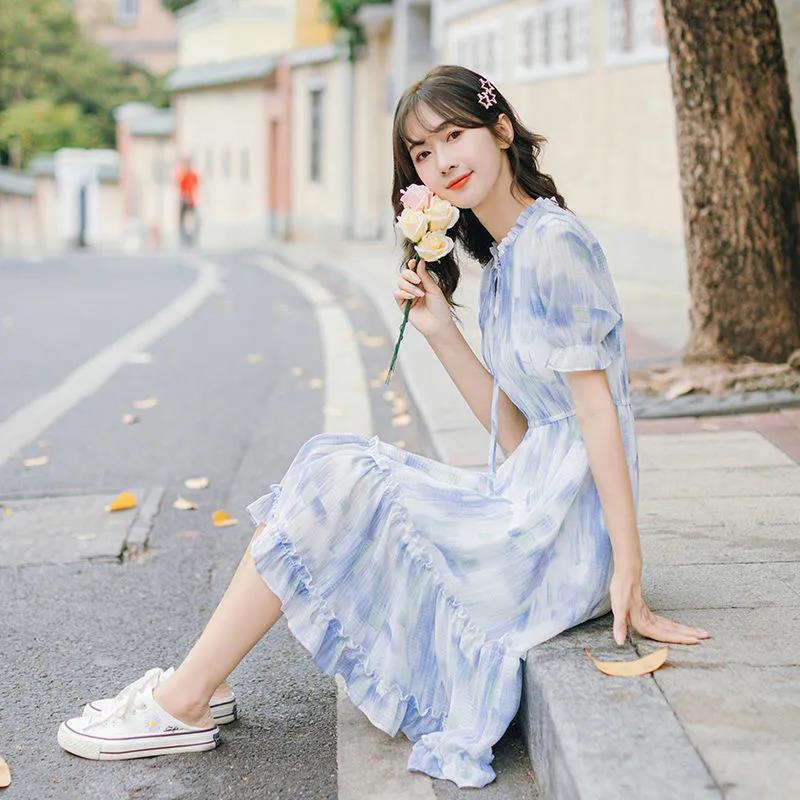 French Sweet Mid-length Dress Ruffled Gentle Cake Skirt Chiffon Mid-length Sweet Dress A-line Dress with Waist and Thin