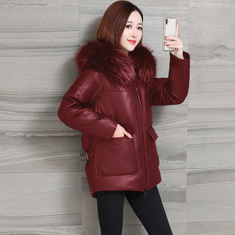 Plus Size PU Leather Jacket Women's Padded Coat Winter Mid-length Leather Parka Jacket Loose Hooded Parka Coat with Fur Collar