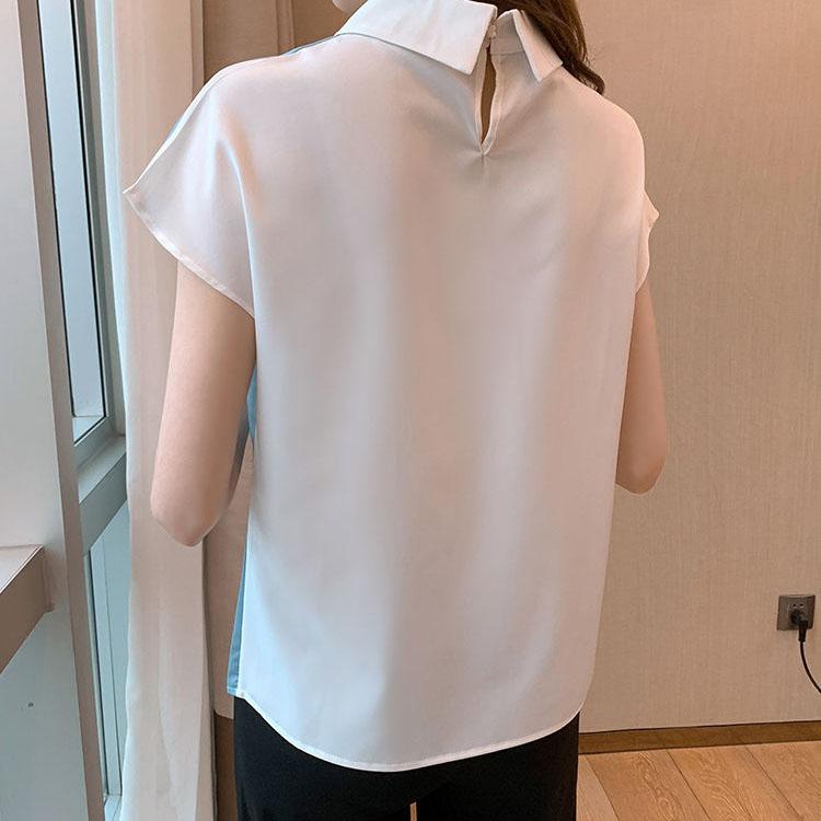 Women Summer Shirt Elegant Color Block Patchwork Printed Chiffon Shirt Female Short Sleeve Slim Thin Versatile Shirt