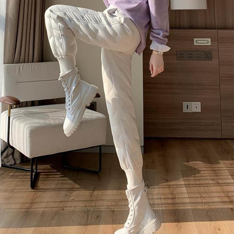 Down Cotton Trousers for Women's Outer Wear Fashion Plus Velvet Thickening Winter Models with Waistband, Leisure and Thin Warm Cotton Trousers