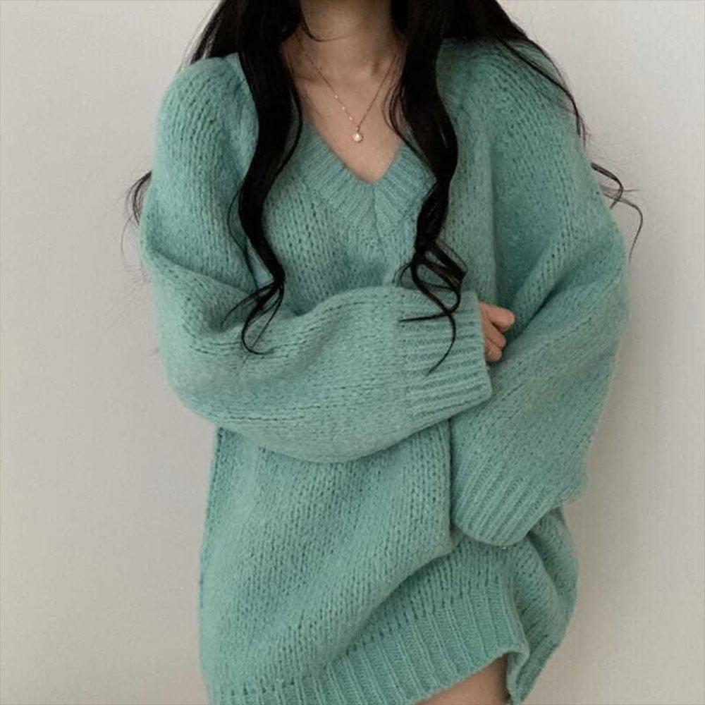 Loose V-neck Loose Sweater Women's Spring and Autumn Clothes Are Thin and Versatile Mid-length Lazy Style Sweater Sweater Top Oversizedsweater